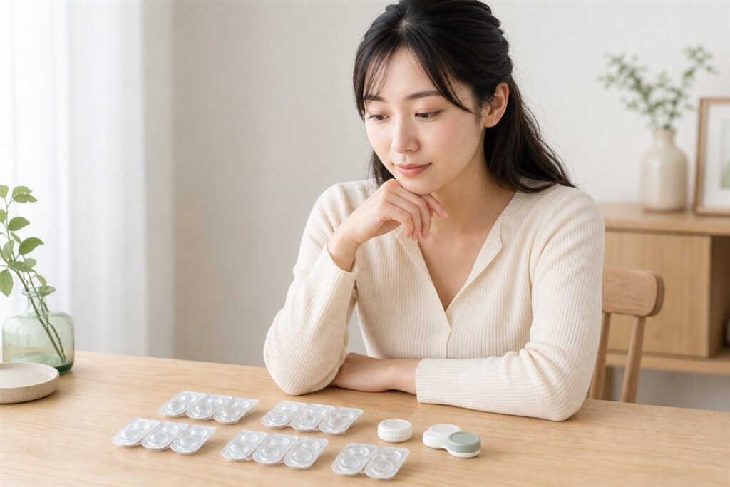 複数の乱視用カラコンのレンズケースを見比べる日本人女性