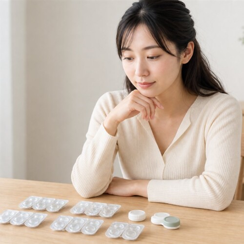 複数の乱視用カラコンのレンズケースを見比べる日本人女性