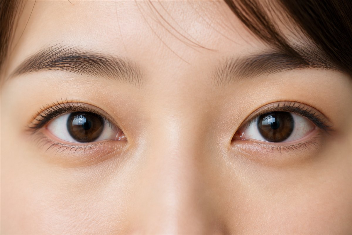乱視用カラコンを装用した日本人女性の両目のアップ