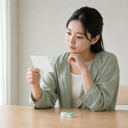 処方箋を見ながら乱視用カラコンを選ぶ日本人女性