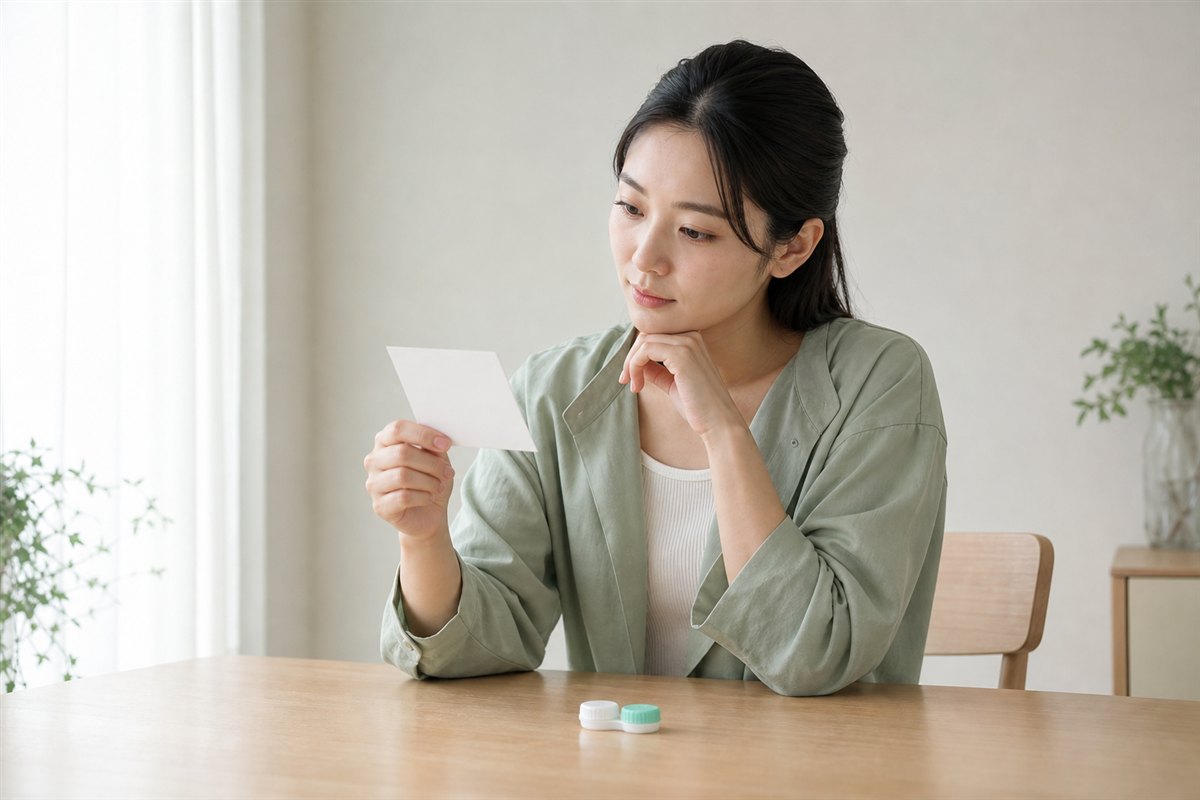 処方箋を見ながら乱視用カラコンを選ぶ日本人女性