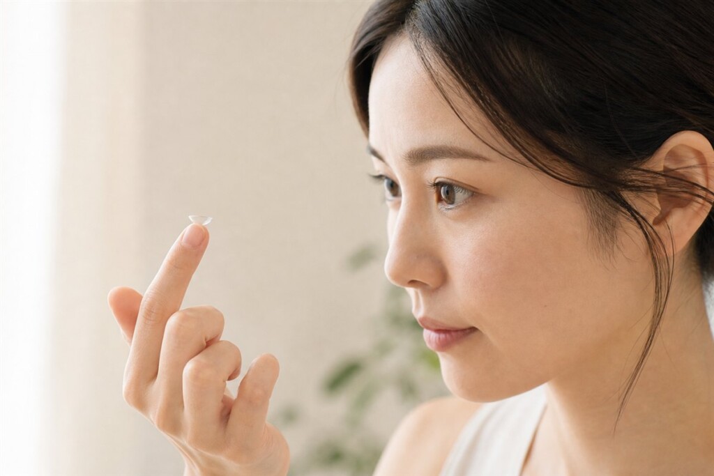 乱視用カラコンのレンズを指先で確認する日本人女性