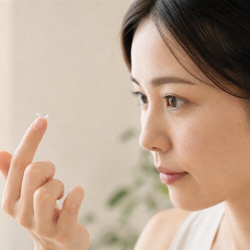 乱視用カラコンのレンズを指先で確認する日本人女性