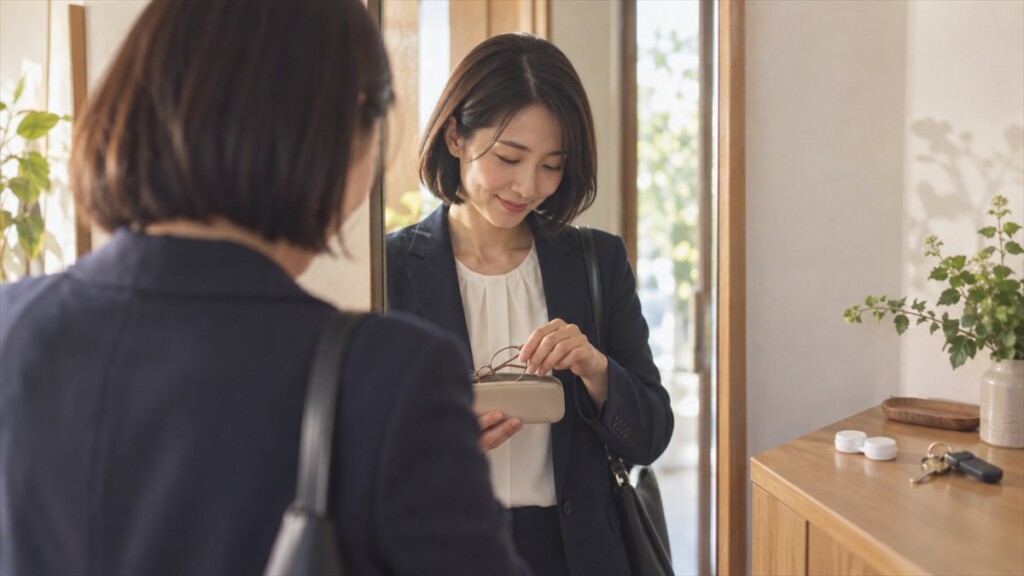 出かける前の玄関で、外した眼鏡をケースにしまいながら姿見を見る女性