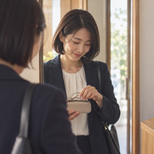 出かける前の玄関で、外した眼鏡をケースにしまいながら姿見を見る女性