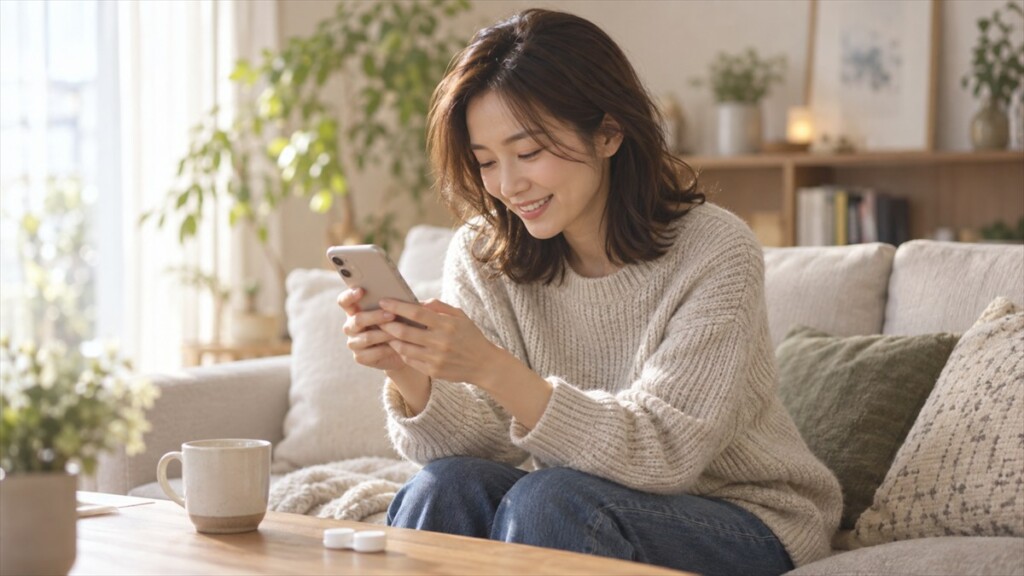 ソファでスマートフォンを見ながらほほえむ女性。テーブルにはコンタクトレンズケース