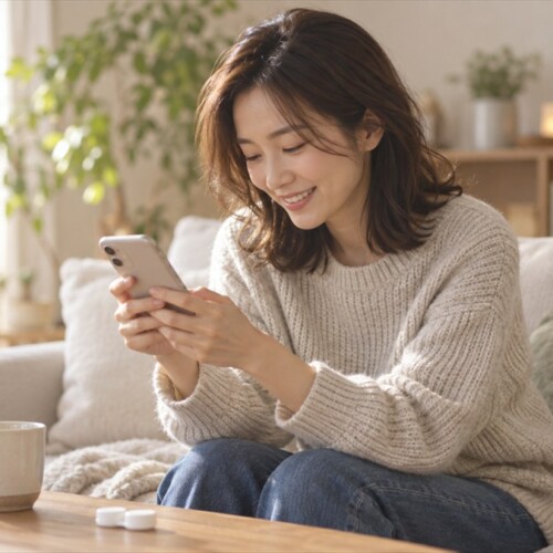 ソファでスマートフォンを見ながらほほえむ女性。テーブルにはコンタクトレンズケース