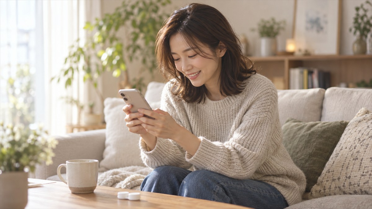 ソファでスマートフォンを見ながらほほえむ女性。テーブルにはコンタクトレンズケース