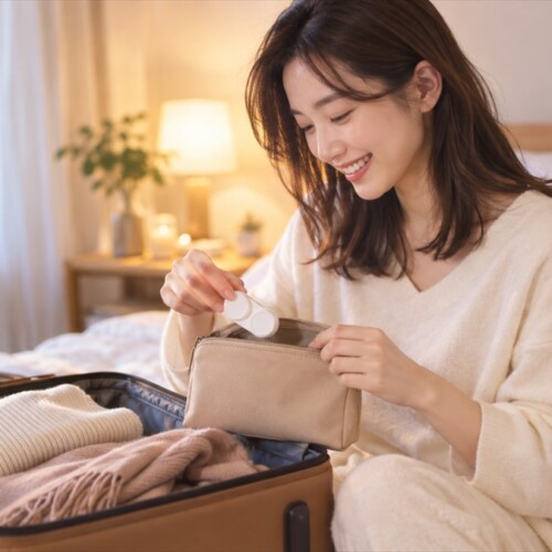 旅行の荷造りをしながら、コンタクトレンズケースをポーチに入れる女性