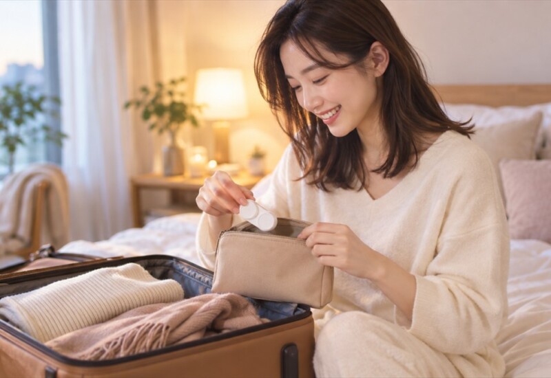 旅行の荷造りをしながら、コンタクトレンズケースをポーチに入れる女性