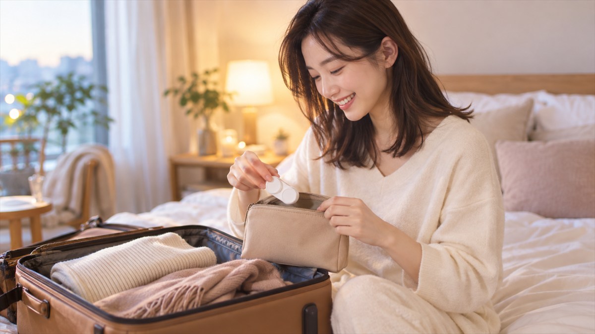 旅行の荷造りをしながら、コンタクトレンズケースをポーチに入れる女性
