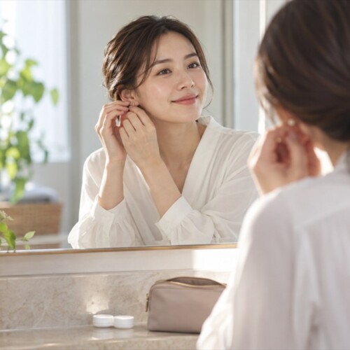 出勤前、洗面台の鏡の前でイヤリングを付けながらほほえむ女性