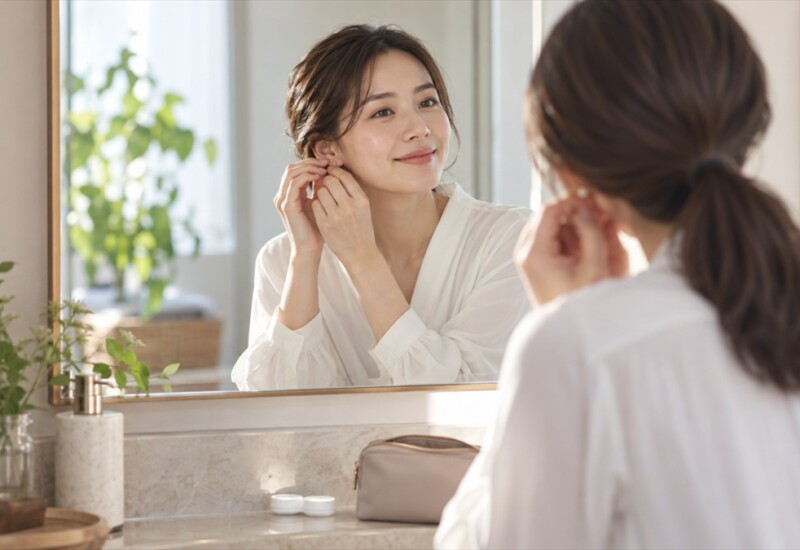 出勤前、洗面台の鏡の前でイヤリングを付けながらほほえむ女性