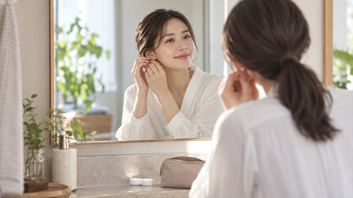 出勤前、洗面台の鏡の前でイヤリングを付けながらほほえむ女性