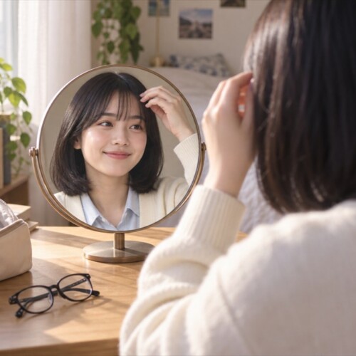 外した眼鏡とコンタクトレンズケースを机に置き、鏡を見ながら前髪を整える大学生の女性