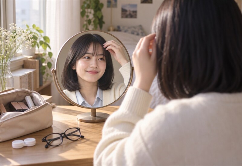 外した眼鏡とコンタクトレンズケースを机に置き、鏡を見ながら前髪を整える大学生の女性