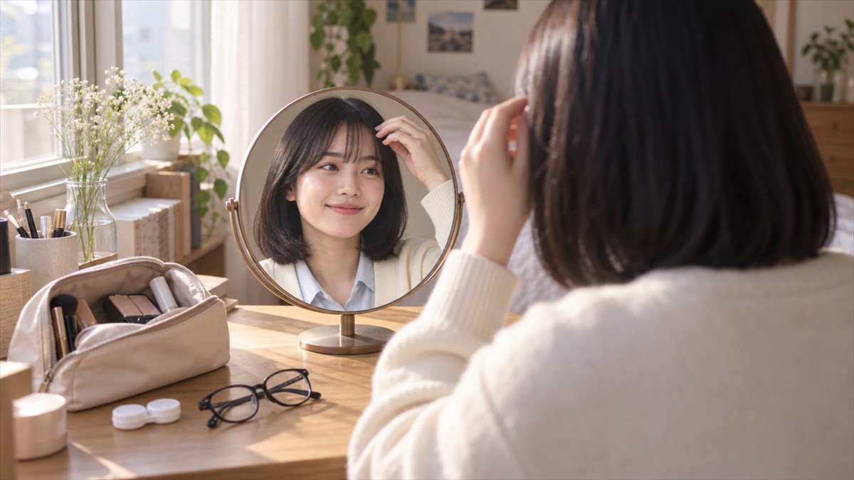 外した眼鏡とコンタクトレンズケースを机に置き、鏡を見ながら前髪を整える大学生の女性
