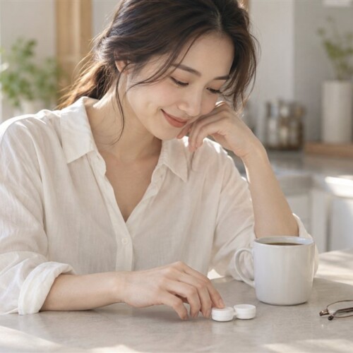 朝のキッチンで、レンズケースと眼鏡を見くらべる女性