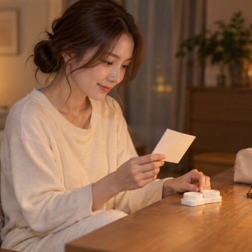 夜のデスクで紙を見ながら、レンズケースに手をそえる女性