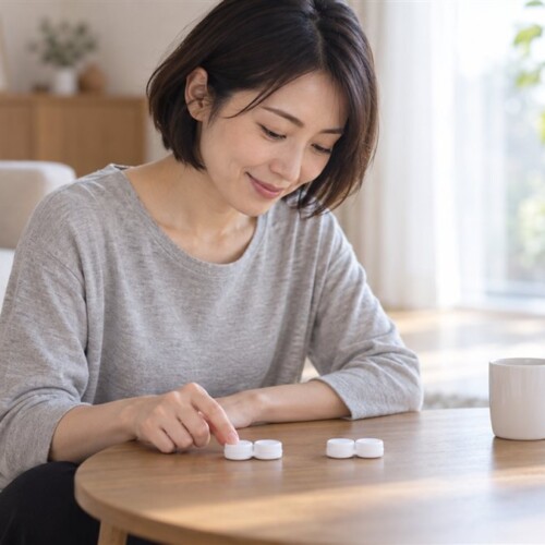 リビングのテーブルで、2つのレンズケースを見くらべる女性