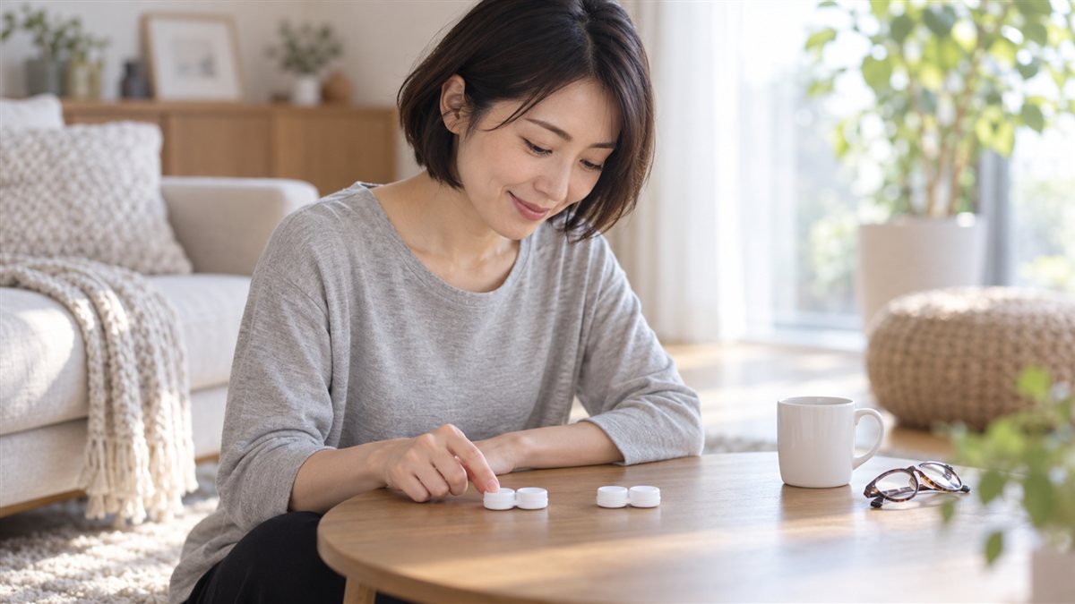 リビングのテーブルで、2つのレンズケースを見くらべる女性