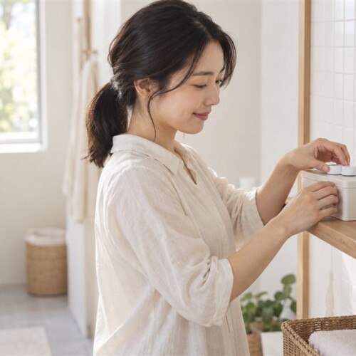 洗面所の棚でレンズケースを整える女性