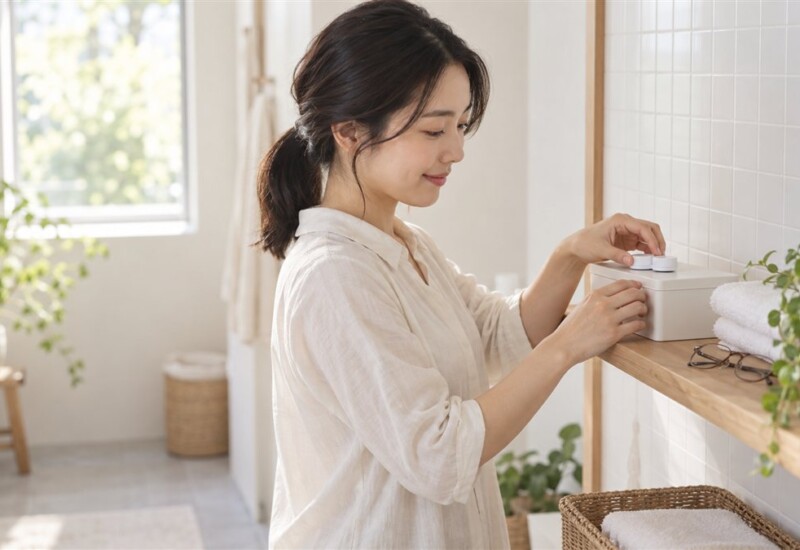 洗面所の棚でレンズケースを整える女性