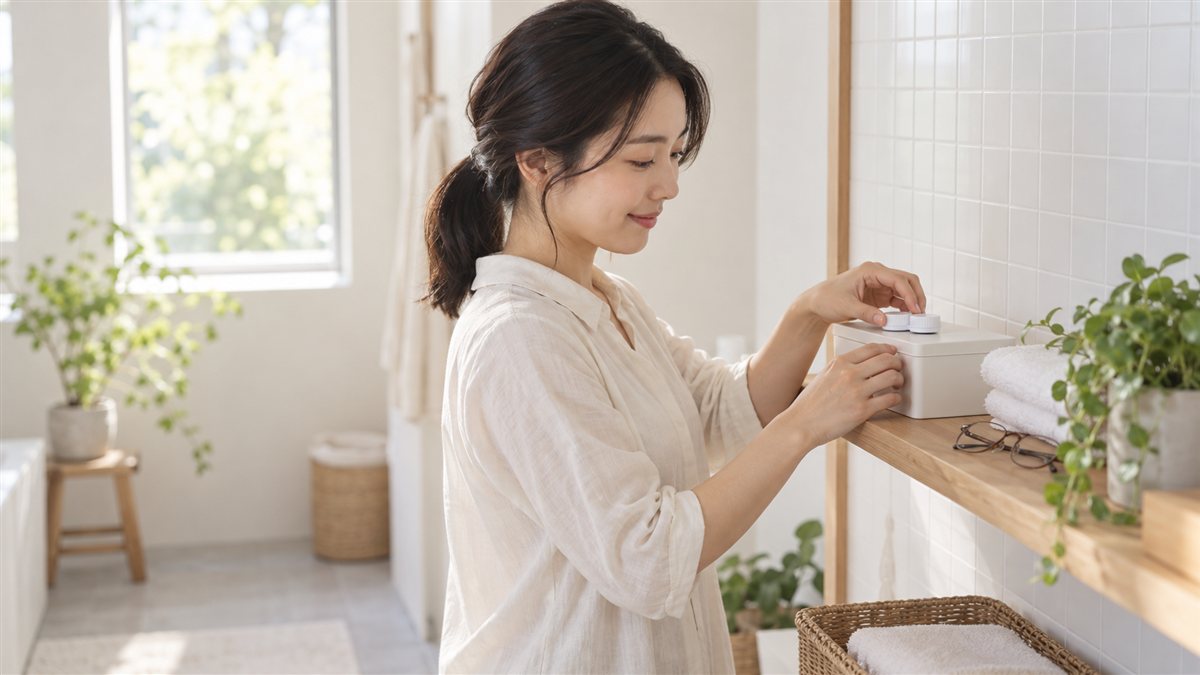 洗面所の棚でレンズケースを整える女性