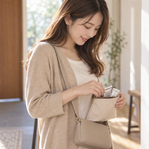 出かける前の玄関で、ポーチをバッグにしまう女性