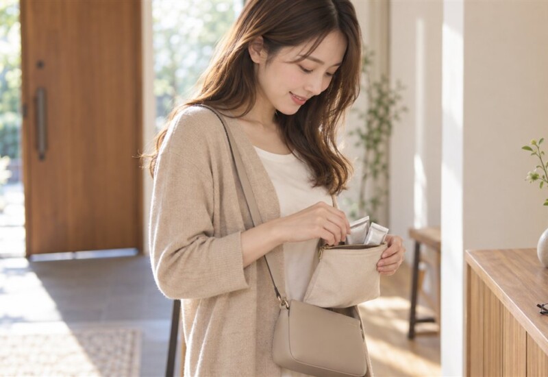 出かける前の玄関で、ポーチをバッグにしまう女性