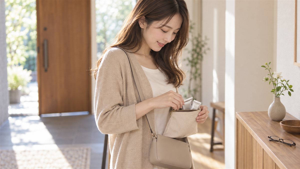 出かける前の玄関で、ポーチをバッグにしまう女性