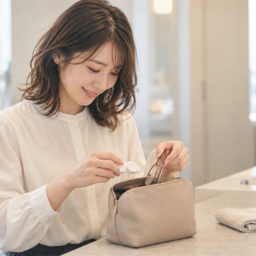 パウダールームで、ポーチからレンズケースと眼鏡を出す女性