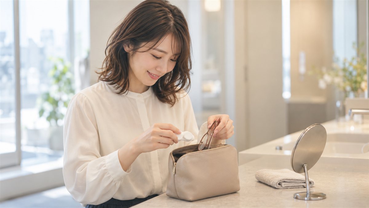 パウダールームで、ポーチからレンズケースと眼鏡を出す女性
